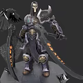 Hooded Skeleton Faced Game Movie Character With Dual Swords Orange Flame Patterns And Crow Accessory