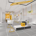 Modern Clothing Store Interior With White Shelves Yellow Accents Clothing Racks And Lighting Fixtures