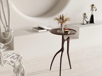 Brown Curved Leg Coffee Table With Dried Flowers Books And Metal Trophy On White Shelf 3d model
