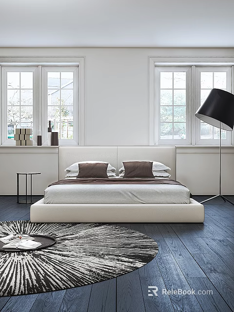 Modern Bedroom Interior With White Bed Brown Pillows Large Windows And Black Floor Lamp 3d model 