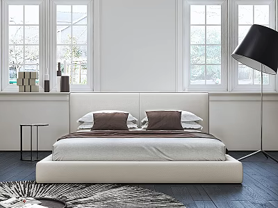 Modern Bedroom Interior With White Bed Brown Pillows Large Windows And Black Floor Lamp 3d model
