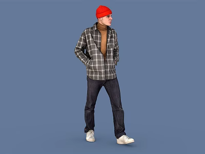 A Man Wearing Red Hat Plaid Shirt Brown Turtleneck Dark Jeans And White Shoes 3d model