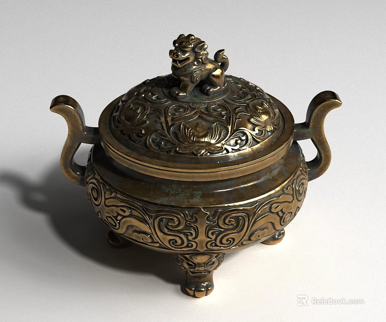 Bronze Landscape Sculpture With Lion Ornament Lid Double Handles Intricate Patterns And Base Feet 3d model 