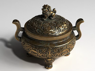 Bronze Landscape Sculpture With Lion Ornament Lid Double Handles Intricate Patterns And Base Feet 3d model