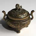Bronze Landscape Sculpture With Lion Ornament Lid Double Handles Intricate Patterns And Base Feet
