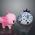 Two Cute Cartoon Creatures With Pink Spiked Tail And White Black Spotted Blue Ears