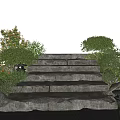 Natural Stone And Wood Steps With Green Bushes And Outdoor Lights