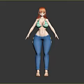 Stylish 3D Character With Red Hair Green Striped Bikini Top Blue Jeans And Sandals In Casual Look