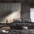 Modern Bedroom Interior With Comfortable Bed Wooden Wall Stone Texture Portrait Painting And Soft Carpet