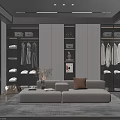 Modern Walk in Closet Interior Design with Cabinets Hanging Clothes Shoes Bags Sofa and Lighting