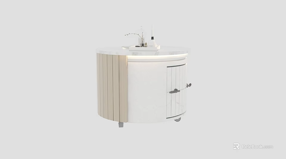 Modern Tea Table With Round White Top Light Wood Cabinets And Tea Accessories 3d model 