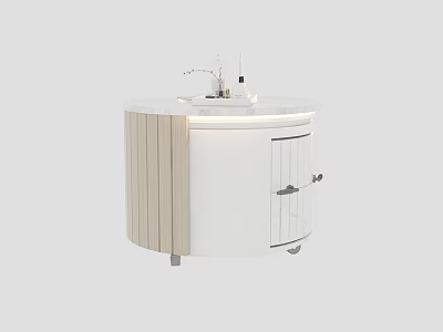 Modern Tea Table With Round White Top Light Wood Cabinets And Tea Accessories 3d model