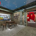 Modern Exhibition Space With Red Walls White Display Boards And Glass Cases