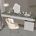 Elegant Dressing Table With Marble Countertop Lit Mirror Cosmetics Beige Chair And Feather Lamp