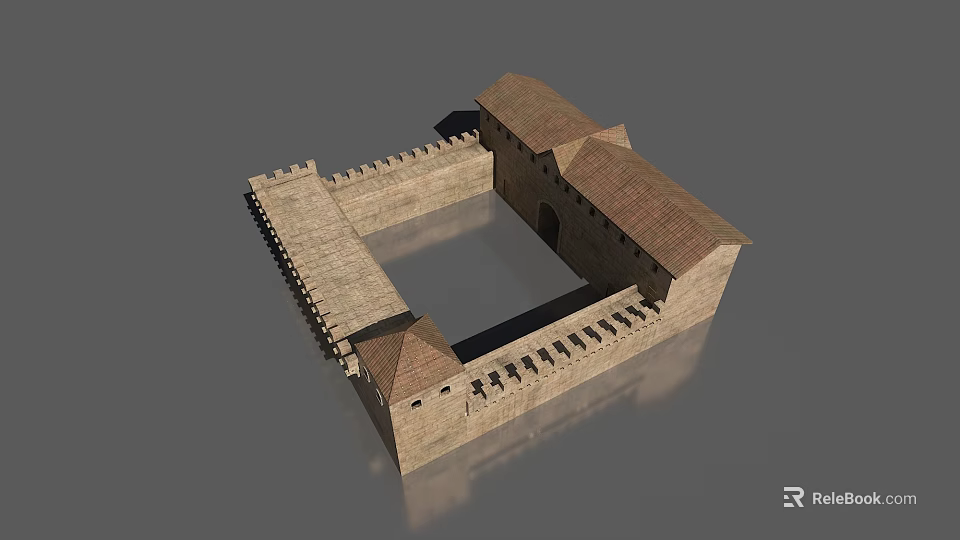 Ancient Style Square Fortress Structure With Encircling Walls And Tiled Roofs 3d model 
