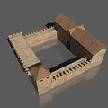 Ancient Style Square Fortress Structure With Encircling Walls And Tiled Roofs