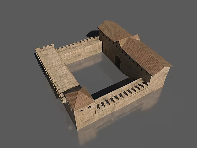 Ancient Style Square Fortress Structure With Encircling Walls And Tiled Roofs 3d model