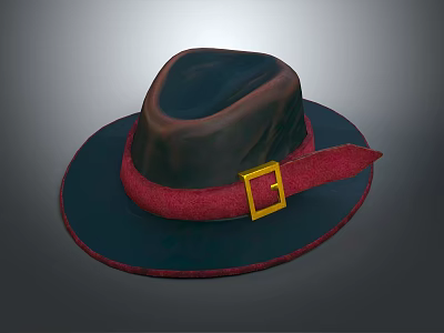 Classic Stylish Dark Hat With Brown Crown Navy Blue Brim Red Band And Gold Buckle 3d model