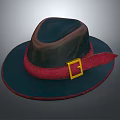 Classic Stylish Dark Hat With Brown Crown Navy Blue Brim Red Band And Gold Buckle