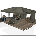 Modern Outdoor Wooden Platform With Canopy Storage Items Barrels Boxes And Ladder