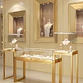 Luxury Jewelry Display Shelves With Golden Frames Glass Showcases And Mannequins