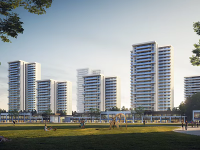 Modern High Rise Residential Buildings With Lawn And Children's Playground For Residents 3d model