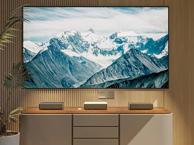 TV Displaying Snowy Mountain Scene Mounted on Wooden Wall with Cabinet Speakers and Green Plant 3d model
