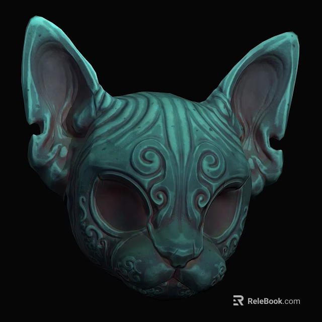Intricate Teal Cat Mask With Carved Swirl Patterns And Large Ears 3d model 