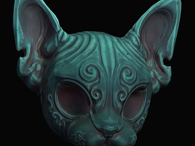 Intricate Teal Cat Mask With Carved Swirl Patterns And Large Ears 3d model