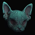 Intricate Teal Cat Mask With Carved Swirl Patterns And Large Ears