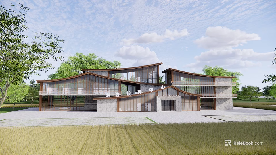 Modern Tourist Center Architectural Design With Glass Facade And Curved Roof In Green Field 3d model 