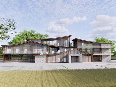 Modern Tourist Center Architectural Design With Glass Facade And Curved Roof In Green Field 3d model