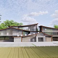 Modern Tourist Center Architectural Design With Glass Facade And Curved Roof In Green Field