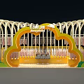 Colorful Kids Clothing Store With Arched White Structure Yellow Floral Display Pink Light Dresses Mannequins