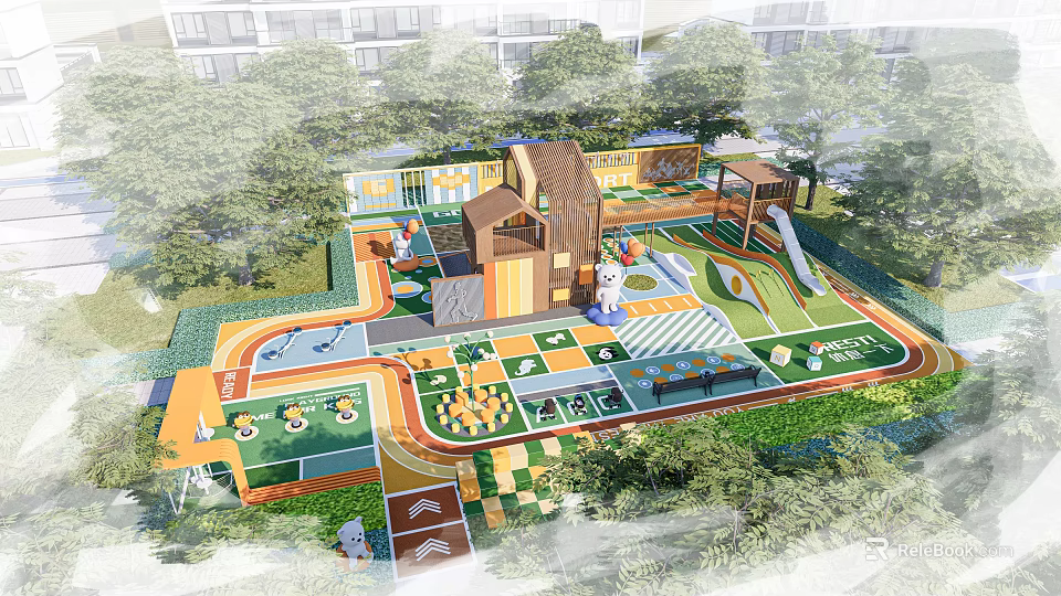 Outdoor Children's Playground With Slide Climbing Structure And Colorful Interactive Flooring 3d model 