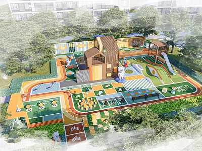 Outdoor Children's Playground With Slide Climbing Structure And Colorful Interactive Flooring 3d model