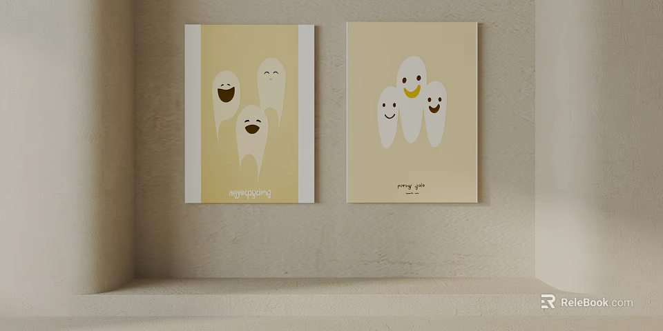 Cartoon Ghost Wall Art With Yellow Background And Smiling Characters 3d model