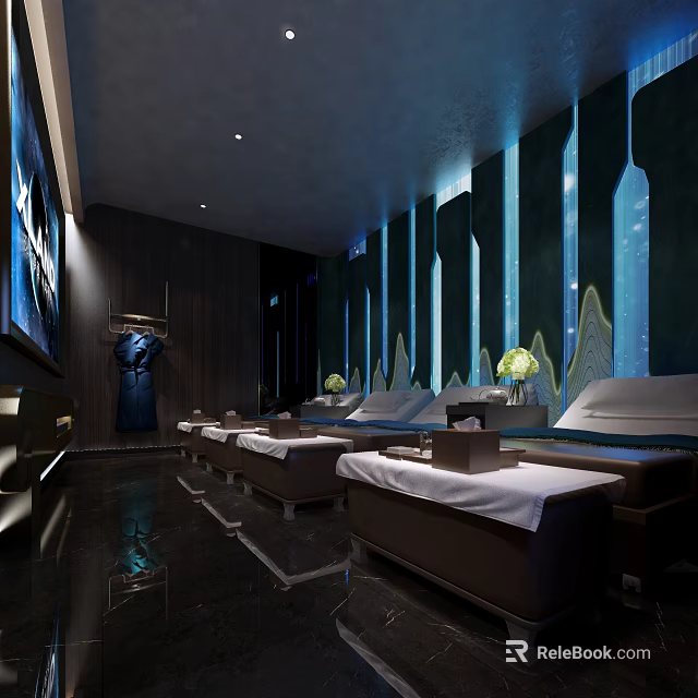 Luxurious SPA Sauna Interior with Comfortable Massage Beds White Linens and Decorative Walls 3d model 