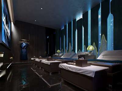 Luxurious SPA Sauna Interior with Comfortable Massage Beds White Linens and Decorative Walls 3d model