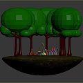 Green Leafy Trees with Red Trunks Surrounding Camping Tent and Supplies