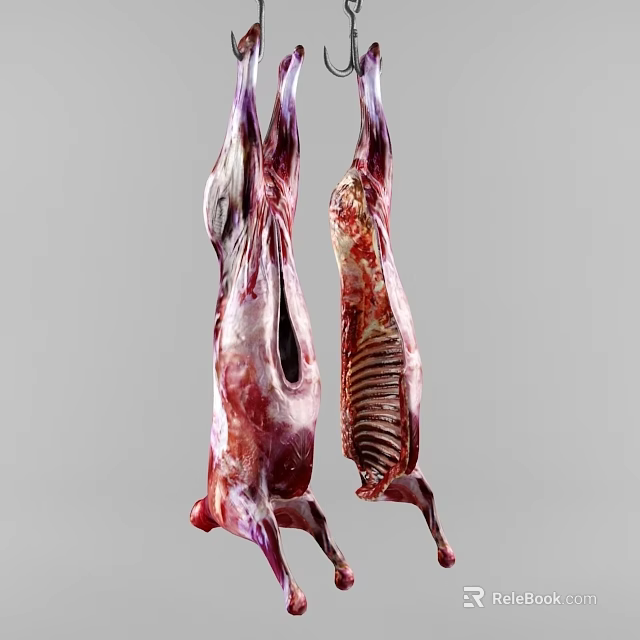 Fresh Raw Meat Carcasses Hanging in Butcher Shop 3d model 