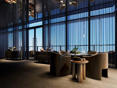 Elegant Modern Restaurant Interior Featuring Large Windows Comfortable Sofa Seats Pendant Lights And Green Plants 3d model