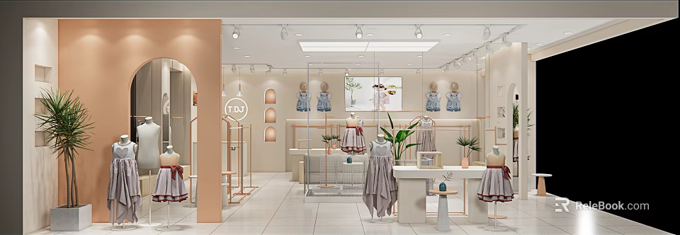 Modern Clothing Store Interior With Fashion Displays Hanging Clothes And Plants 3d model 