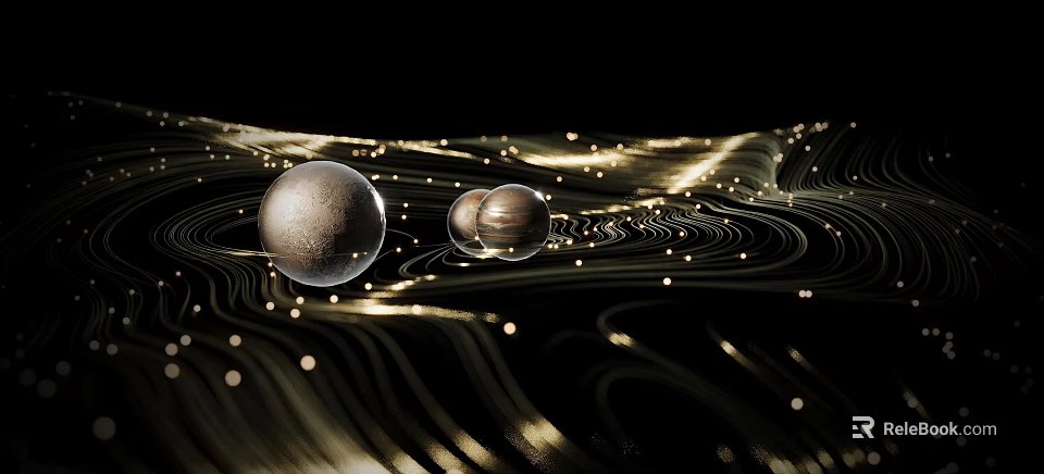 Cartoon Universe Scene Featuring Golden Wavy Lines Sparkling Dots Large Silver And Small Brown Spheres 3d model 