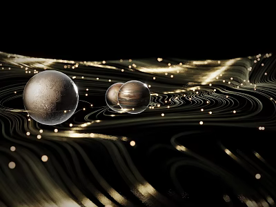 Cartoon Universe Scene Featuring Golden Wavy Lines Sparkling Dots Large Silver And Small Brown Spheres 3d model