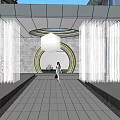 Modern Black Entrance Gate With Circular Design Tall Building And Green Trees