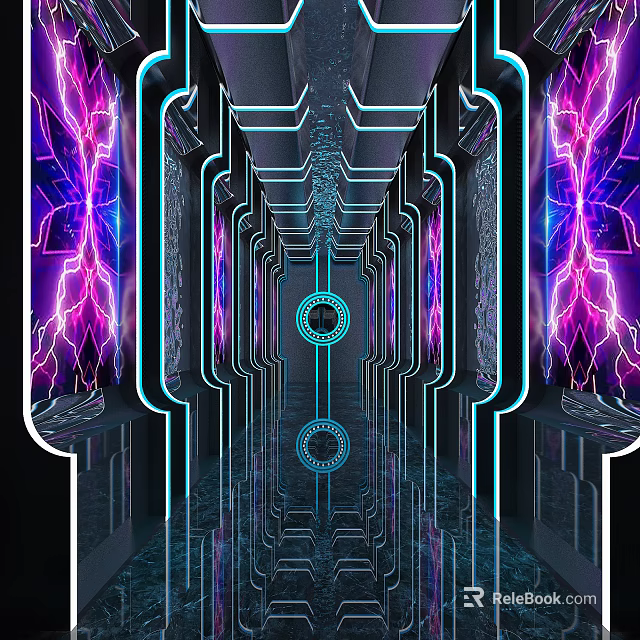 Futuristic KTV Corridor With Neon Lights Mirrored Floor And Geometric Patterns Purple Pink Lighting Design 3d model 