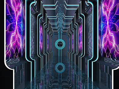 Futuristic KTV Corridor With Neon Lights Mirrored Floor And Geometric Patterns Purple Pink Lighting Design 3d model