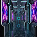 Futuristic KTV Corridor With Neon Lights Mirrored Floor And Geometric Patterns Purple Pink Lighting Design
