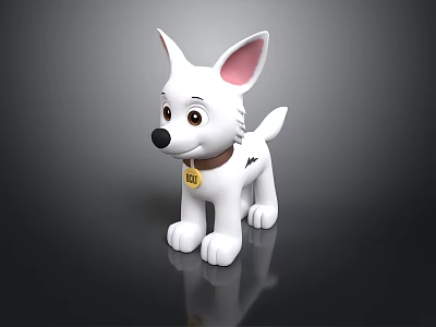 Cute White Cartoon Dog Toy With Pink Ears Yellow Collar And Tag 3d model